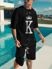 Crown & Letter K Mens 2 Piece Outfits T-shirt & Shorts Set