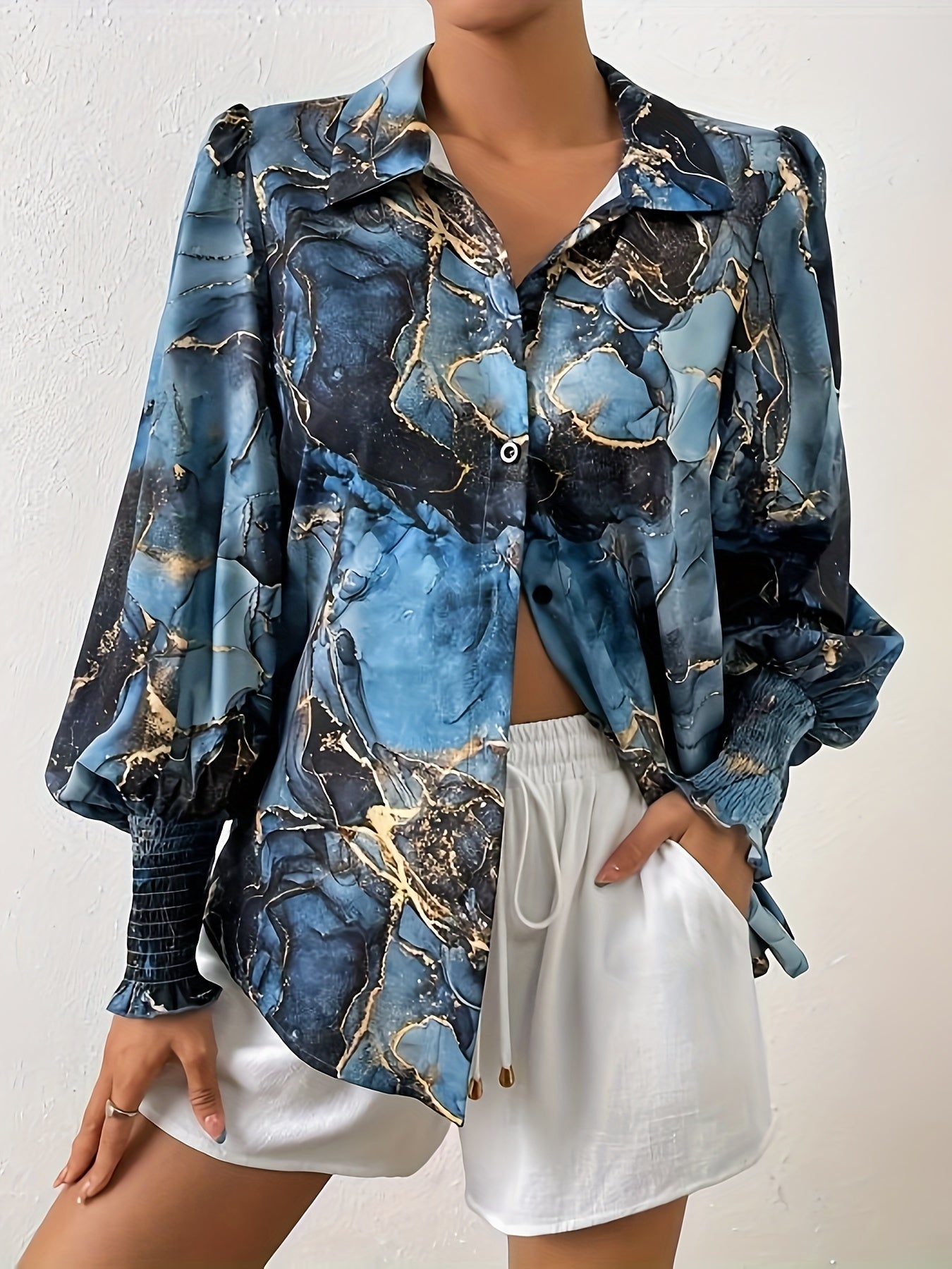  Marble Print Lantern Sleeve Button Up Shirt