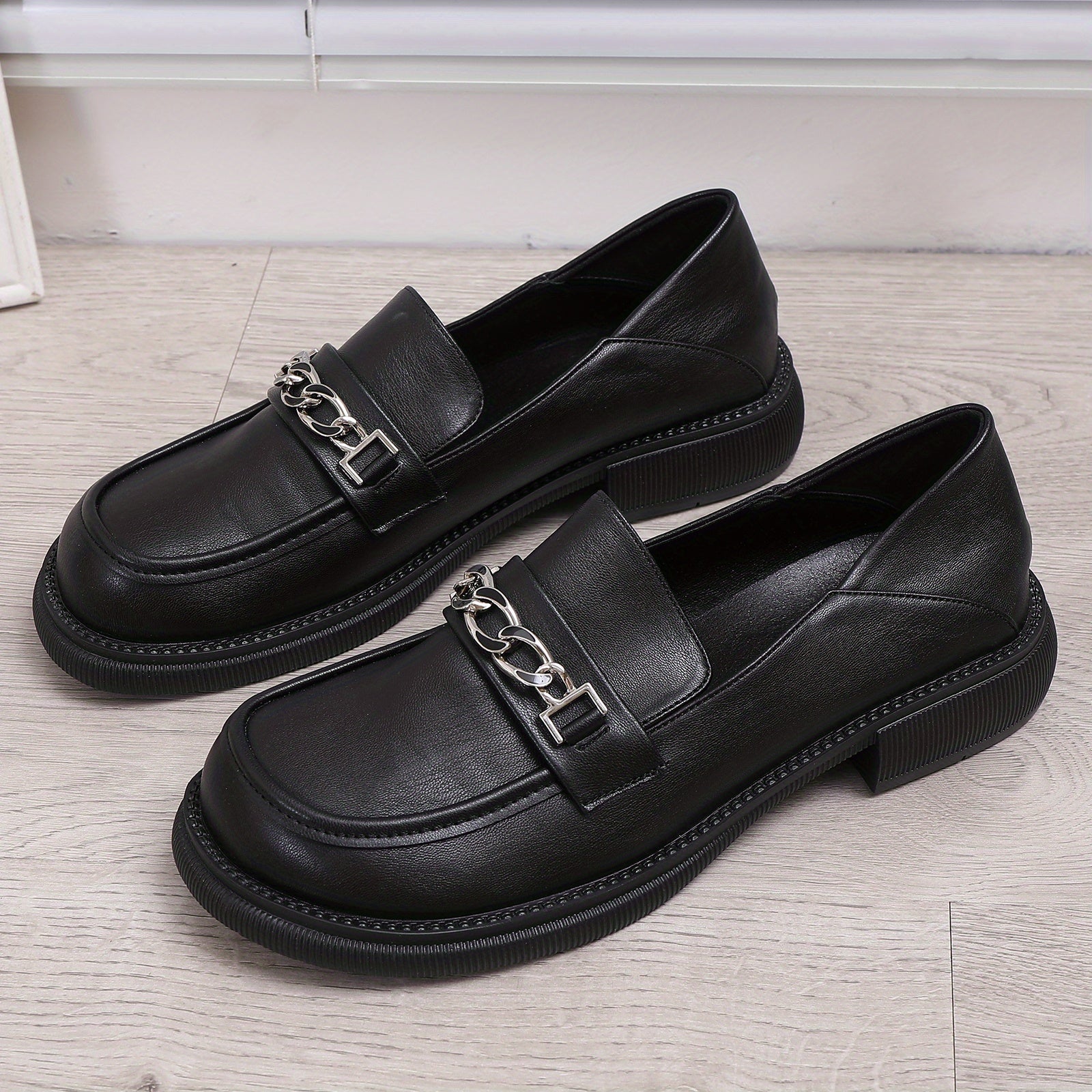 Chain Decor Chunky Heel Loafers British Style Work Shoes
