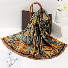 Boho Paisley Flower Print Scarf Satin Head Wrap Silky Shawl