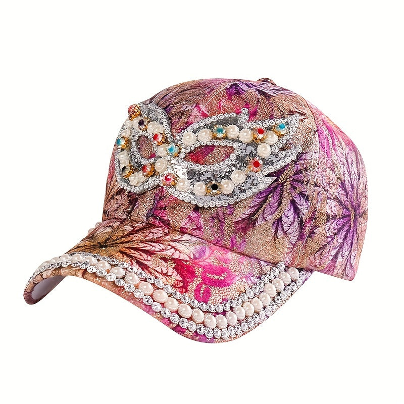 Rhinestone Baseball Cap Y2K Faux Pearl Leaf Flower Hat