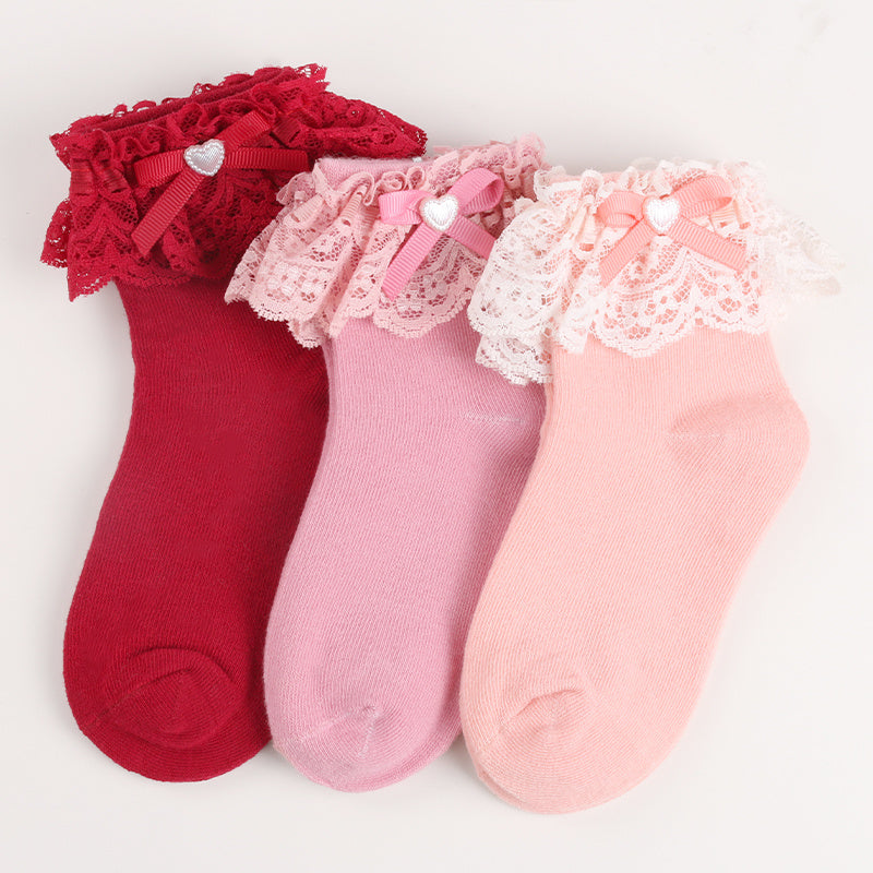 3 Pairs Girl Socks Love Bow Ruffled Princess Socks