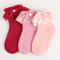 3 Pairs Girl Socks Love Bow Ruffled Princess Socks