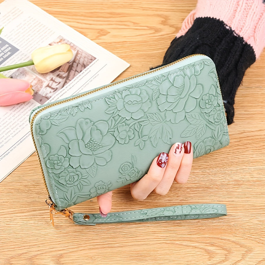 Floral Embossed Long Wallet Zipper Closure Clutch Purse