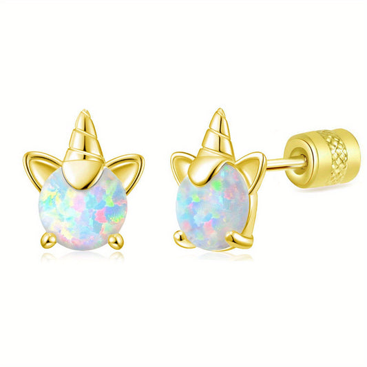 Unicorn Earrings 925 Silver Fire Opal Stud Hypoallergenic for Girls Women