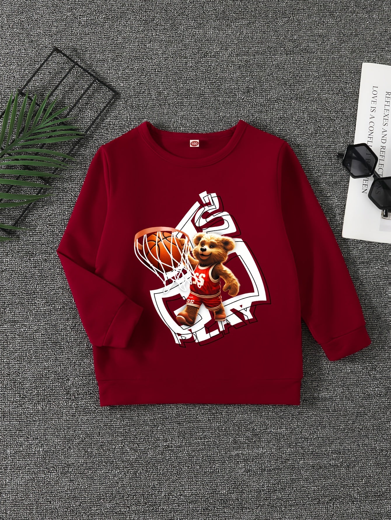Bear Basketball Print Boys Sweatshirt Long Sleeve Crew Neck Tops