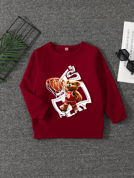 Bear Basketball Print Boys Sweatshirt Long Sleeve Crew Neck Tops