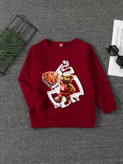 Bear Basketball Print Boys Sweatshirt Long Sleeve Crew Neck Tops