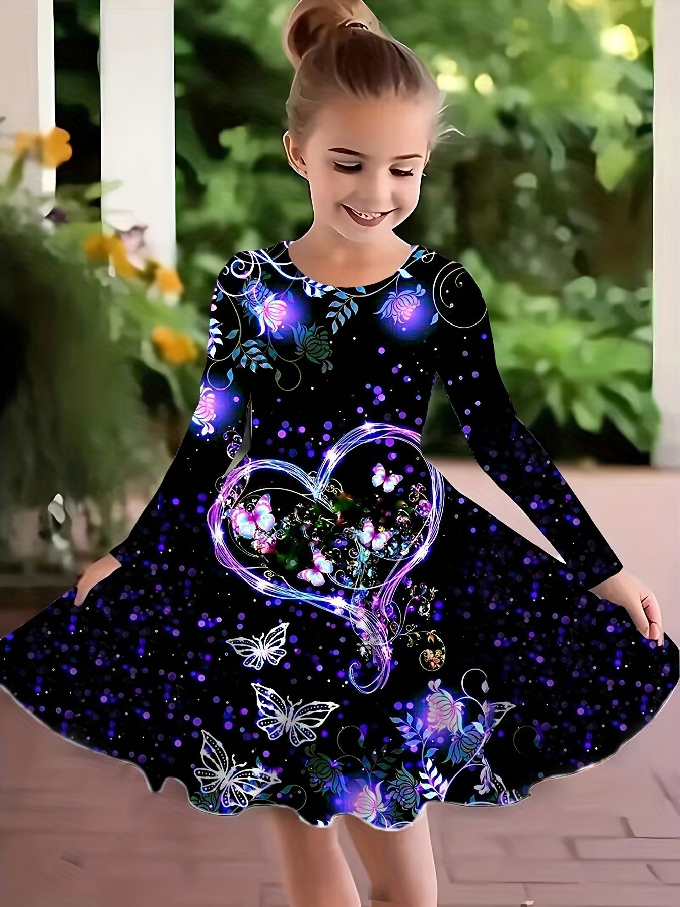 Girls Dreamy Heart & Butterfly Graphic Long Sleeve Dress
