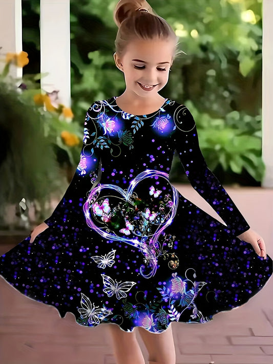 Girls Dreamy Heart & Butterfly Graphic Long Sleeve Dress