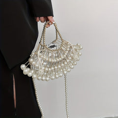 Fan Shaped Niche Hollow Bag Woven Faux Pearl Metal Dinner Bag