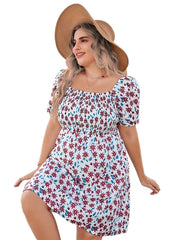  Floral Print Short Sleeve Square Neck Dress