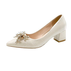 Chunky Heeled Pumps Butterfly Rhinestone Pointed Toe High Heels