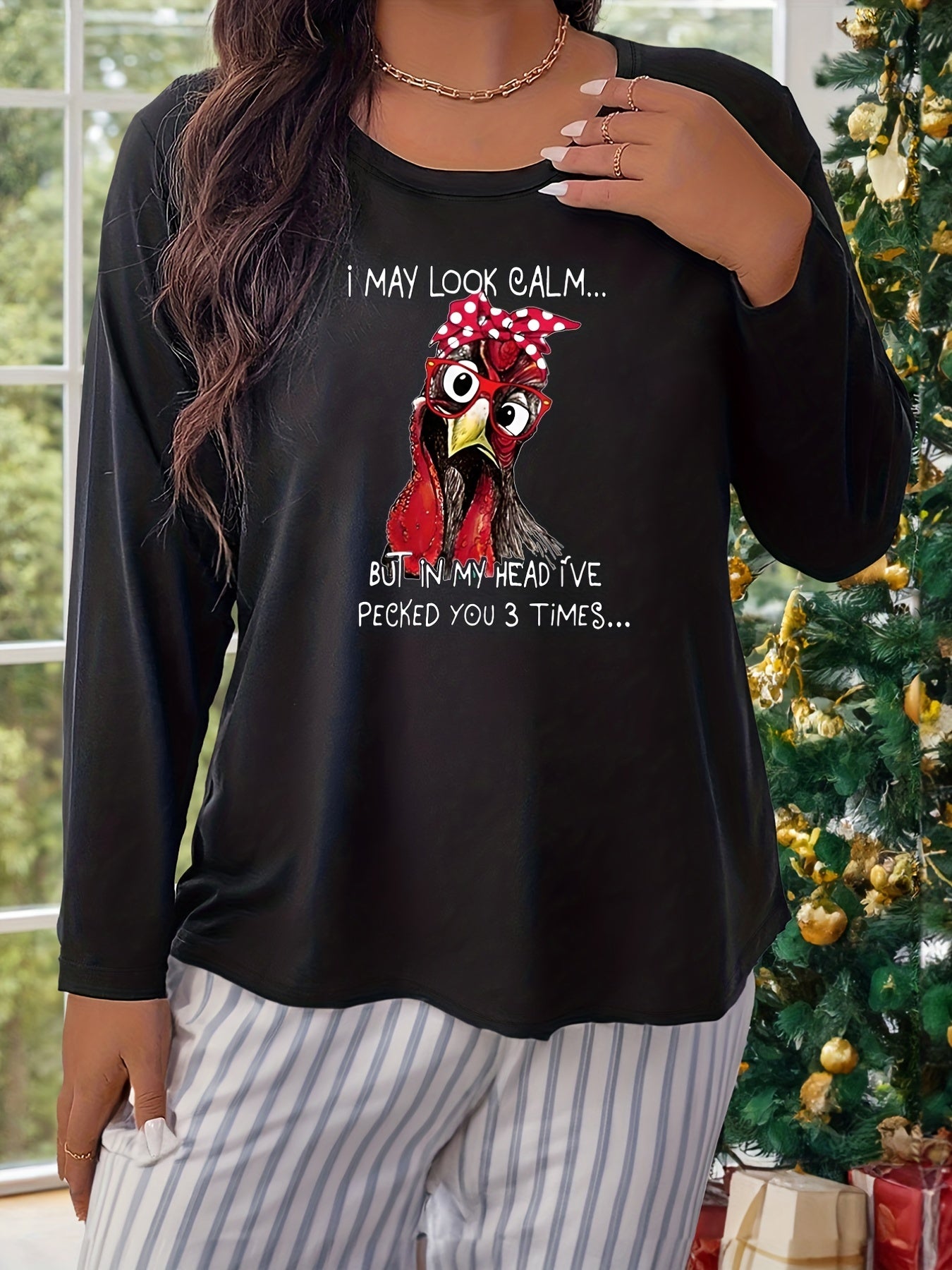 Funny Chicken Print Long Sleeve Lounge Top Plus Size