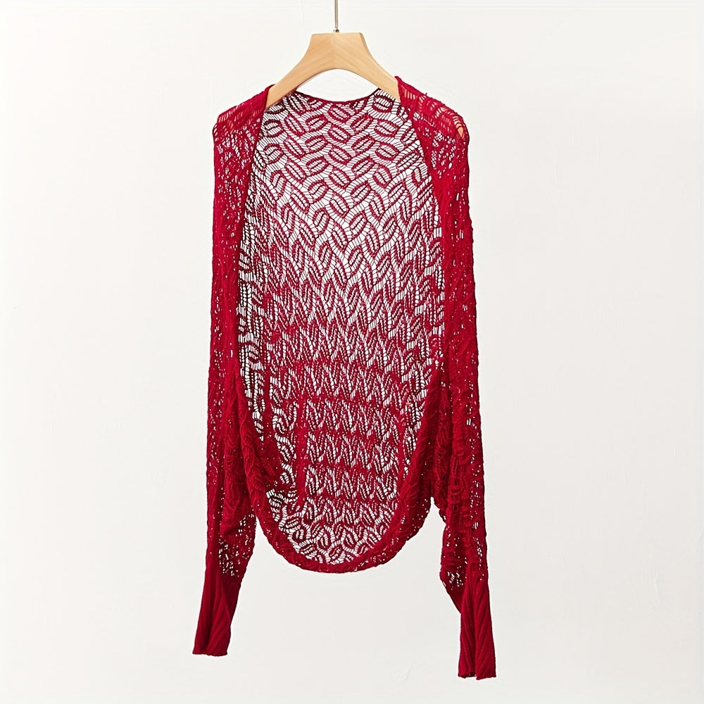 Hollow Out Knitted Shawl Long Sleeve Casual Cape Wraps for Women