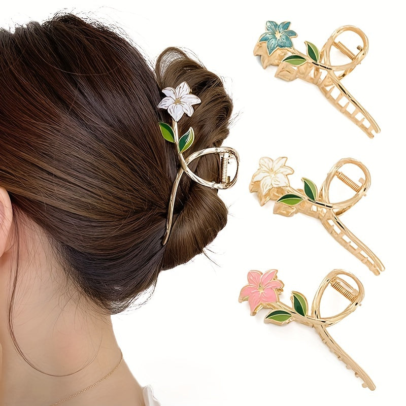 3pcs Flower Shape Metal Hair Claw Large Floral Shark Claw Non slip Hai...