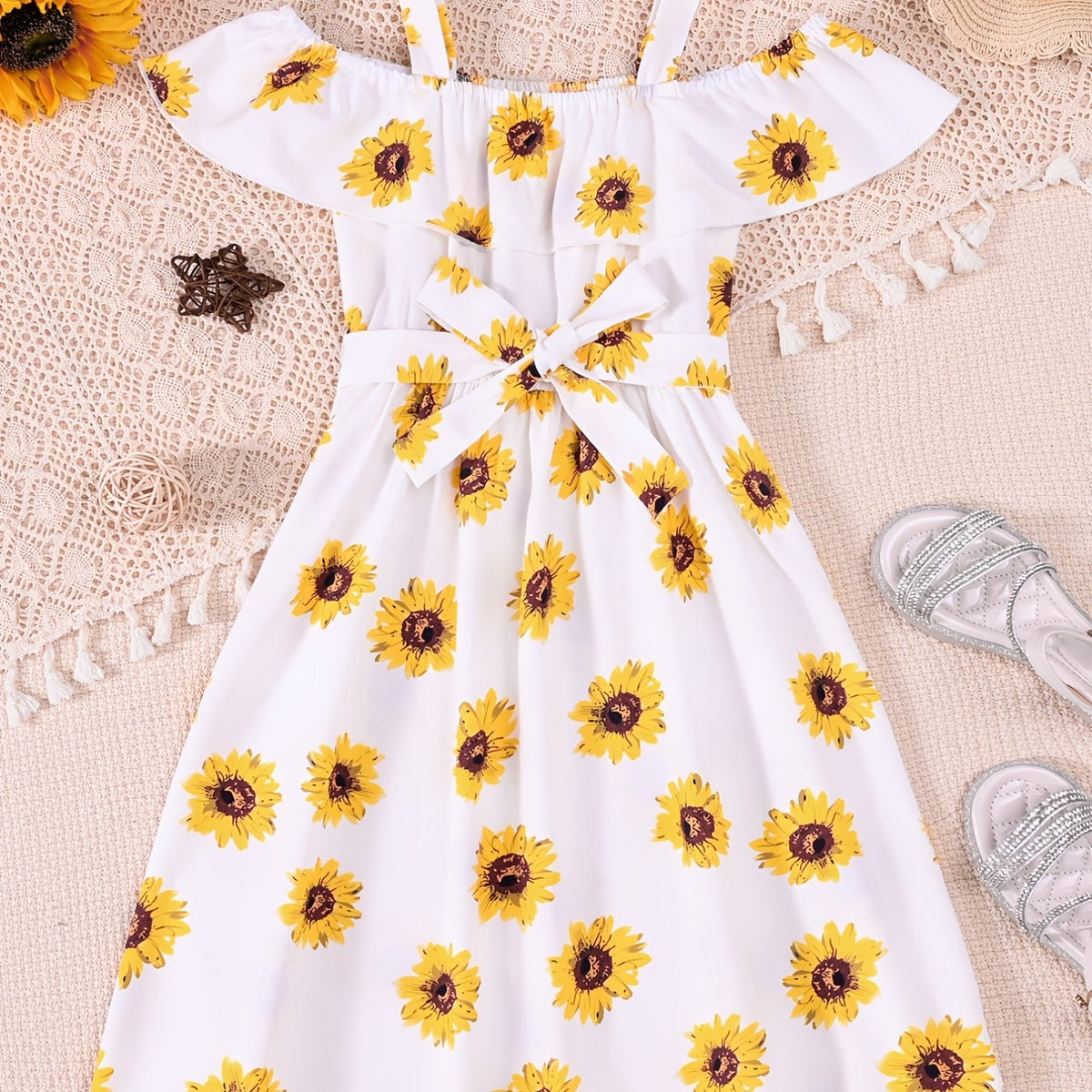 Toddler Girls Sunflower Graphic Cold Shoulder Belted Princess Dress
