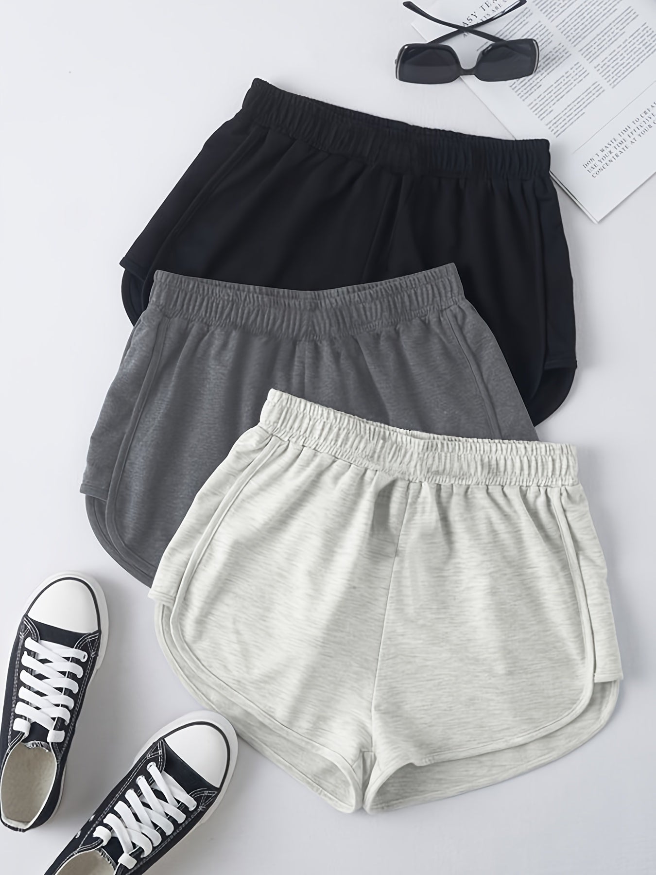 3 Pack Plus Size Casual Shorts Women's Plus Solid Elastic Slight Stretch 3 Pcs