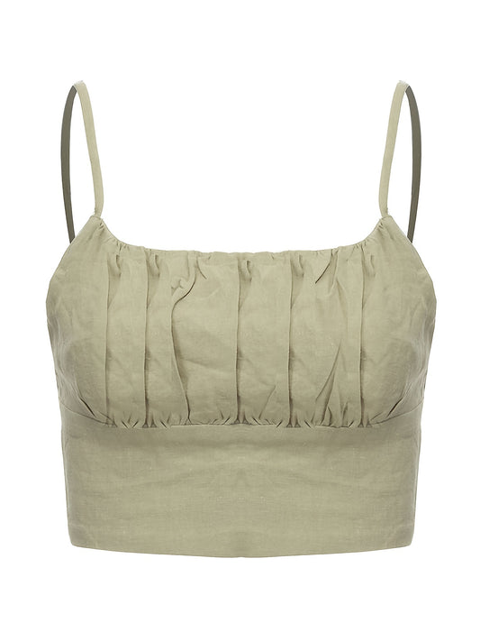 Solid Pleated Crop Cami Top Shirred Back