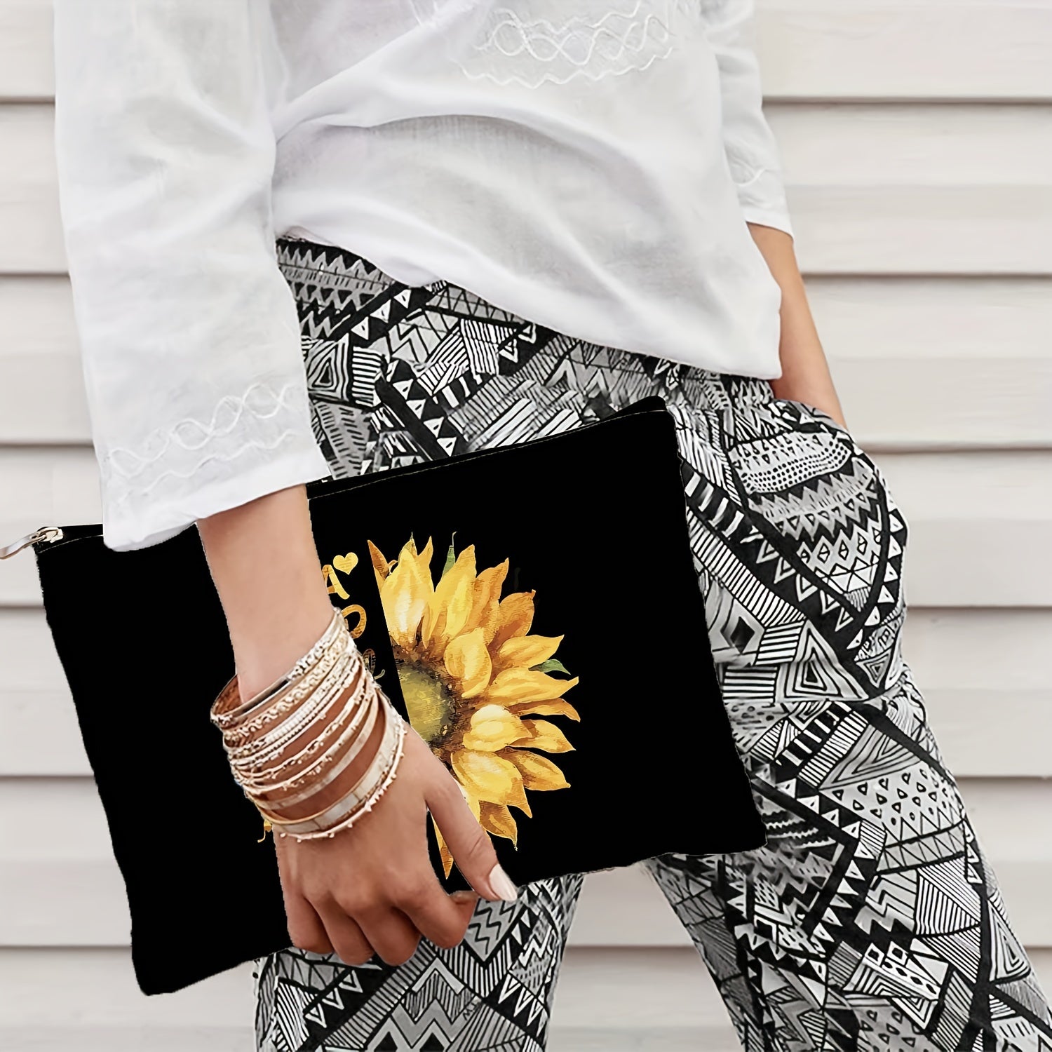 Slogan & Sunflower Print Cosmetic Bag Makeup Bags Travel Bag