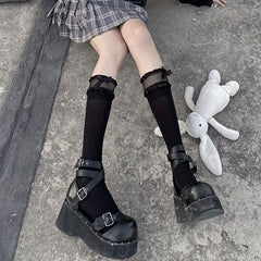 Bow Decor Calf Socks Mesh Stitching Knee High Socks