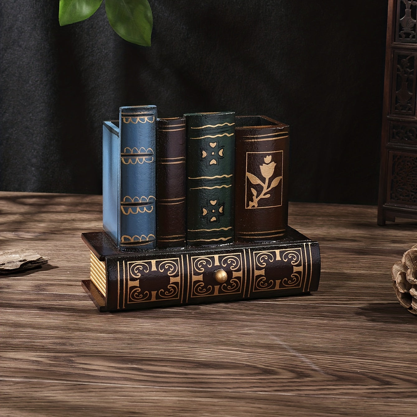 Vintage Book Shape Wooden Storage Box with Pen Holder