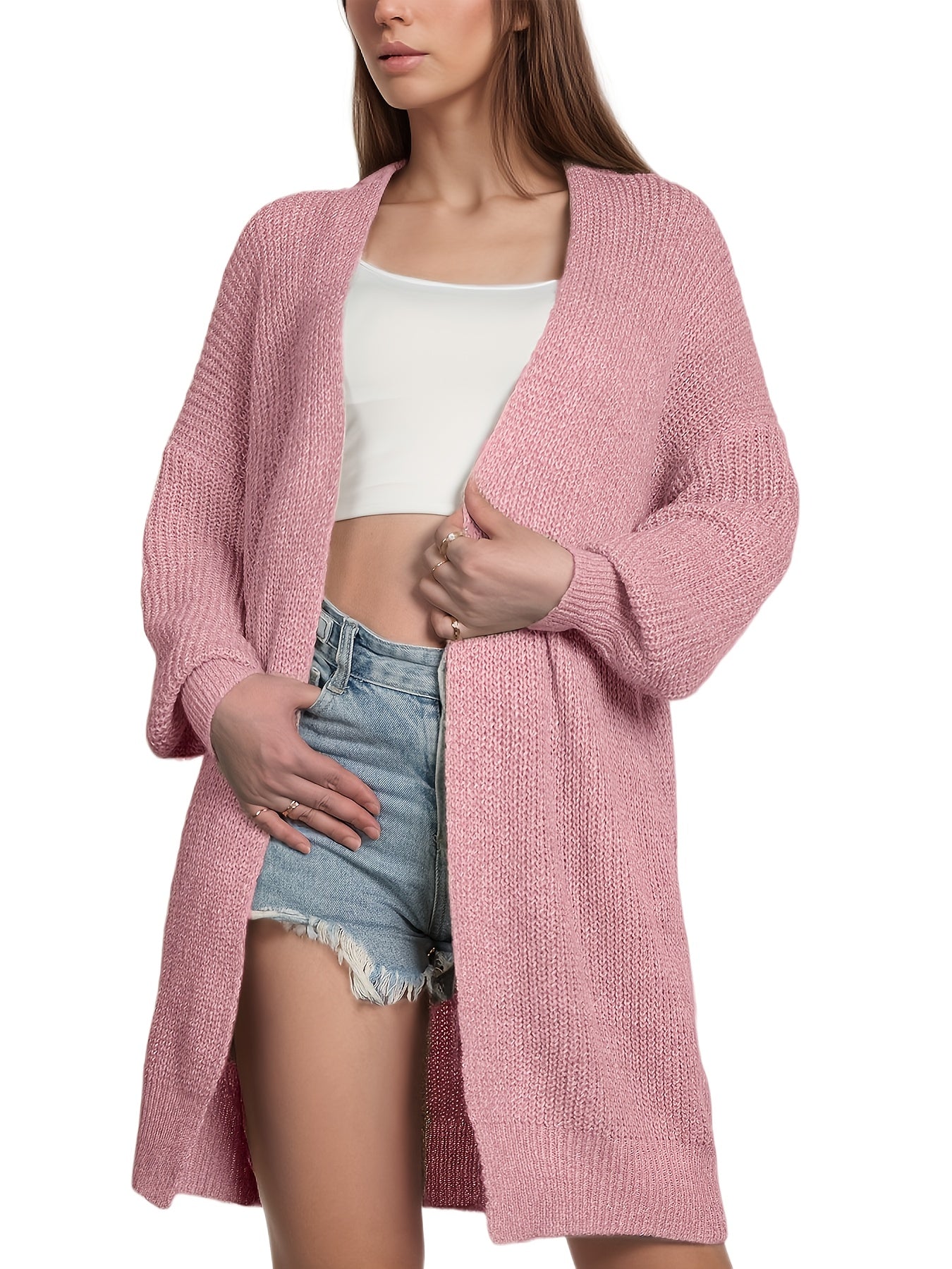 Drop Shoulder Knit Cardigan Open Front Long Sleeve Sweater