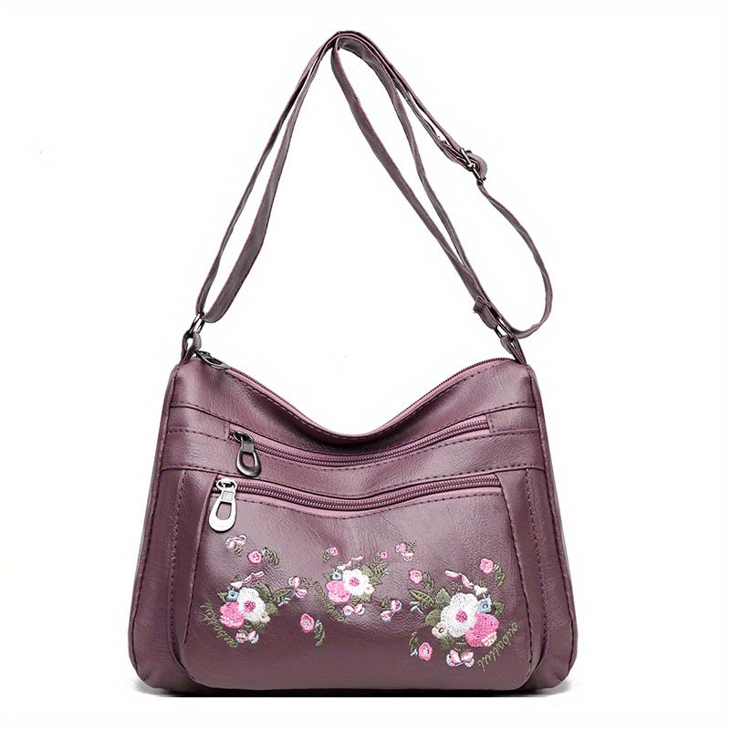 Embroidered Floral Crossbody Bag Adjustable Strap Zipper Closure