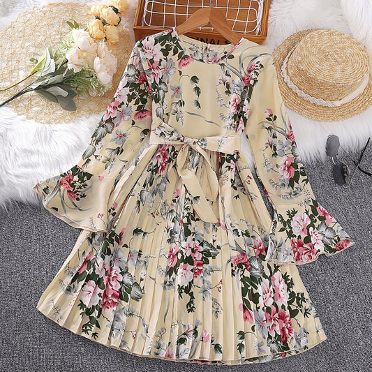 Girl Floral Print Long Sleeved Ruffle Dress with Butterfly Tie