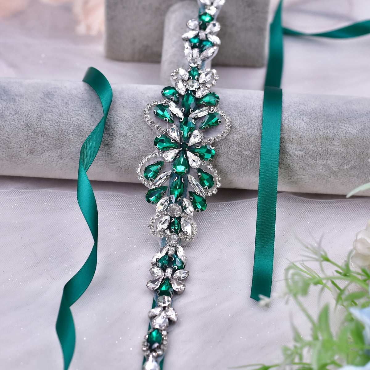 Emerald Green Rhinestone Bridal Sash Wedding Belt