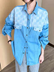  Colorblock Checker Print Denim Shacket