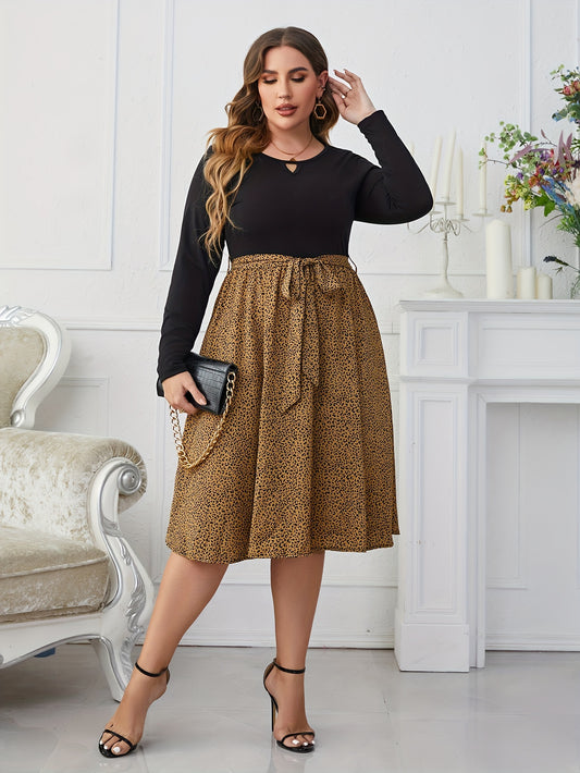  Colorblock Leopard Print Long Sleeve Round Neck Dress