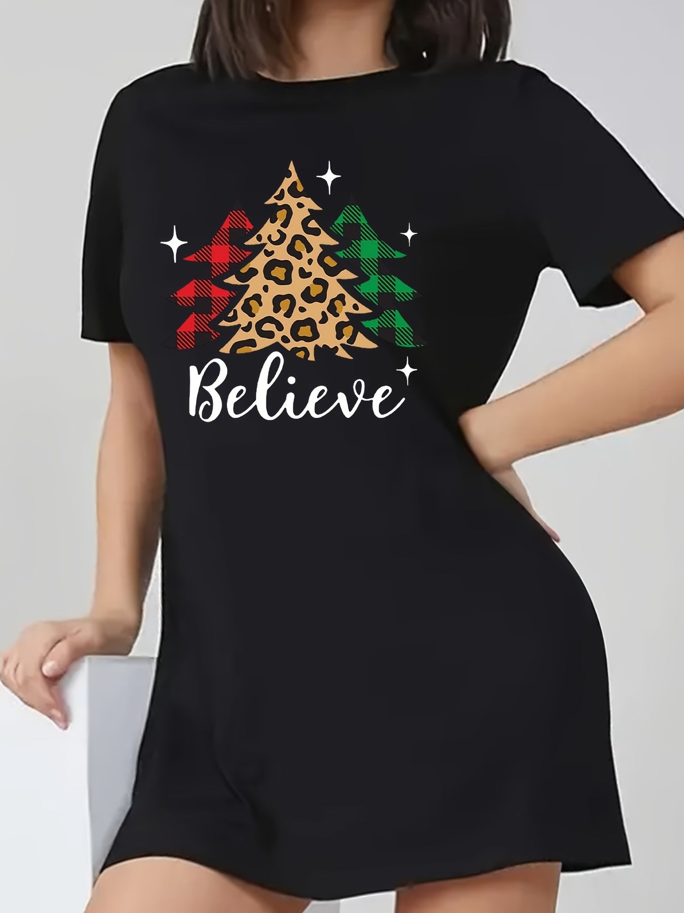  Christmas Tee Dress Letter & Tree Print Short Sleeve Round Neck