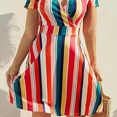 Boho Dress Women's Plus Stripe Print Short Sleeve Dress