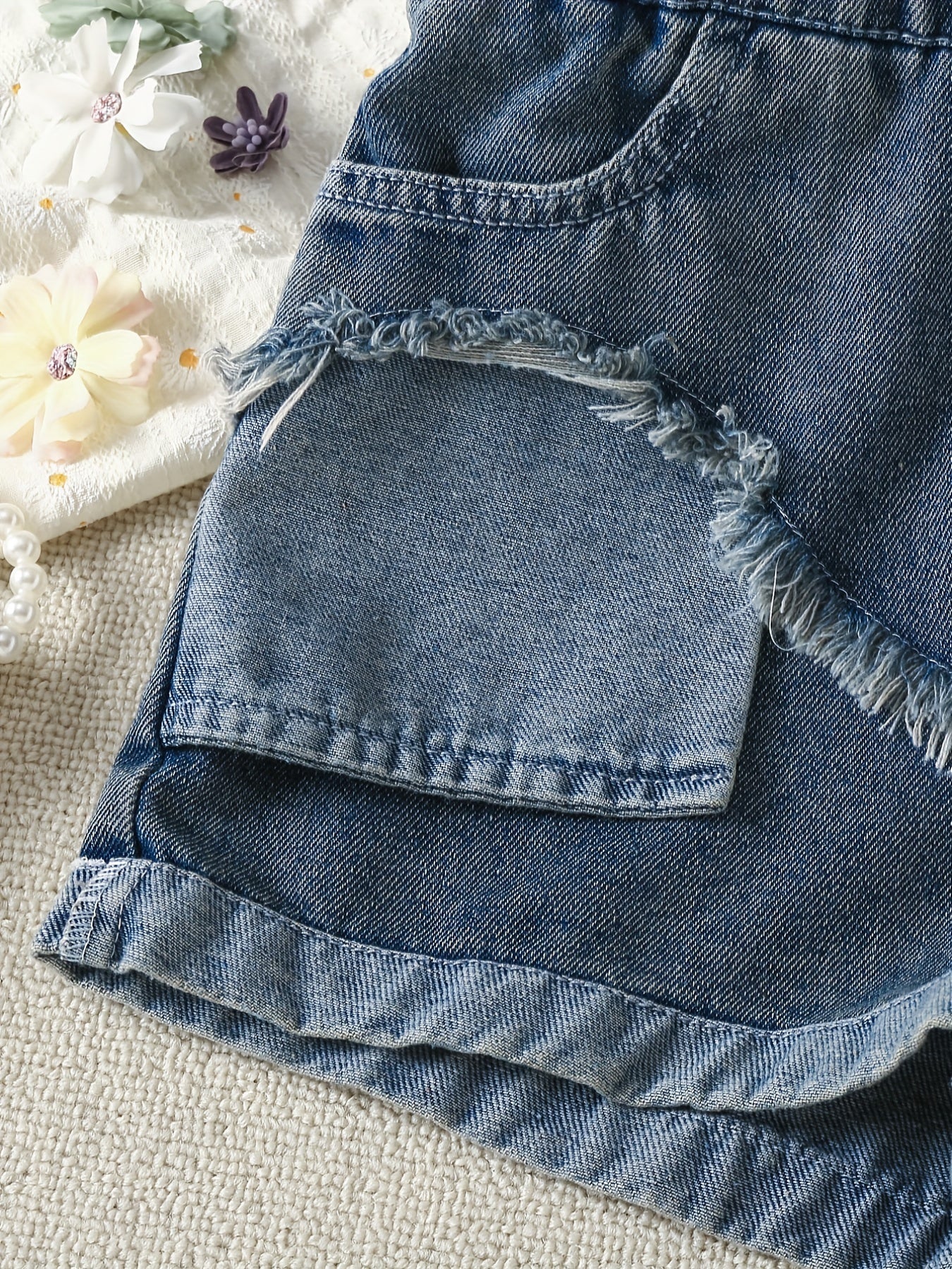 Girls Asymmetrical Denim Shorts with Raw Trim and Pockets