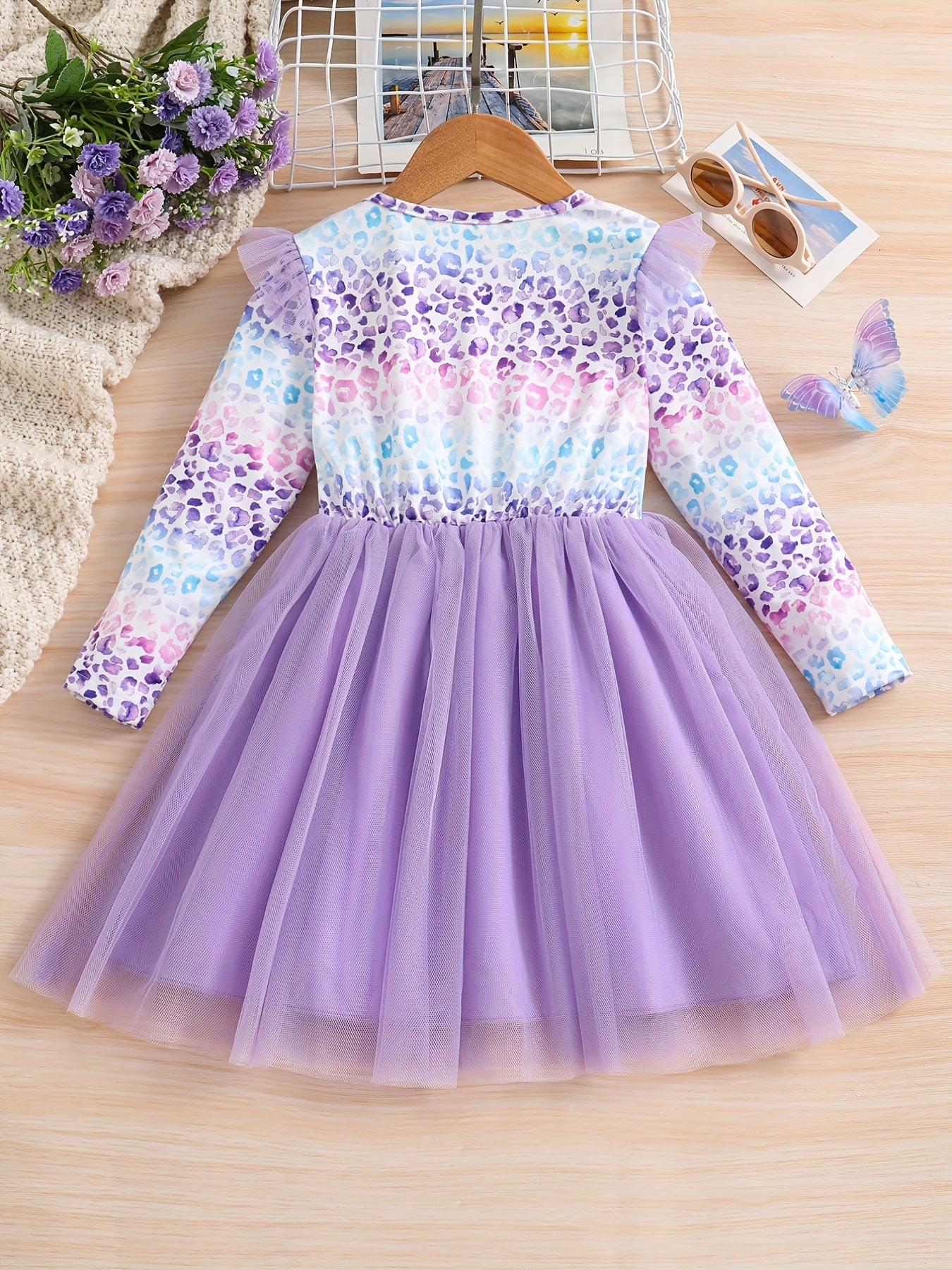 Girls' Leopard Stitching Mesh Tutu Dress for Spring