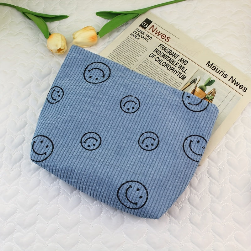 Smile Face Cosmetic Bag Corduroy Large Capacity Makeup Bags For Women