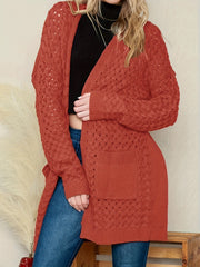  Solid Cable Open Front Cardigan With Pockets