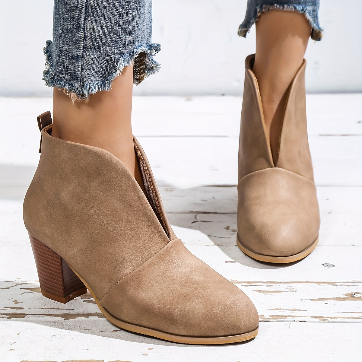 Women's Block Heel Short Boots Slip-On Comfortable Closed Toe Shoes
