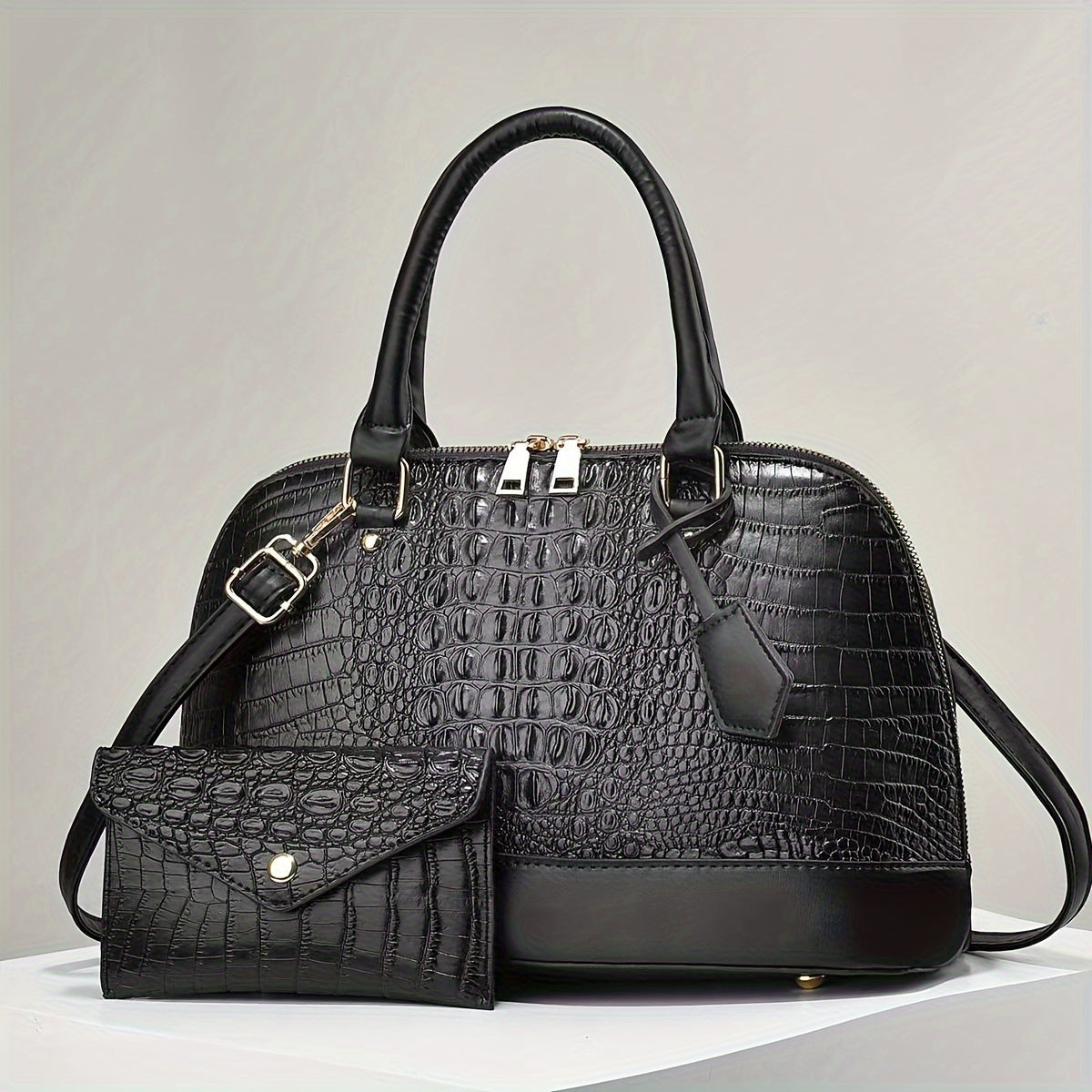 Crocodile Pattern Shell Tote Bag with Matching Mini Clutch