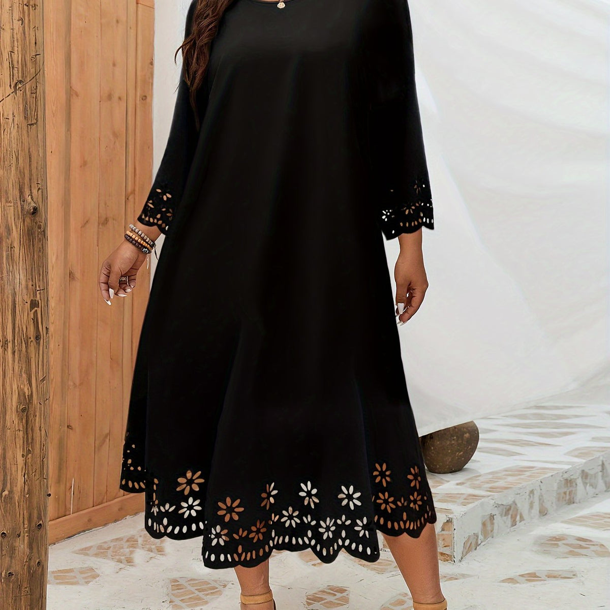  Casual Dress Women's Plus Solid Laser Cut Long Sleeve Dress