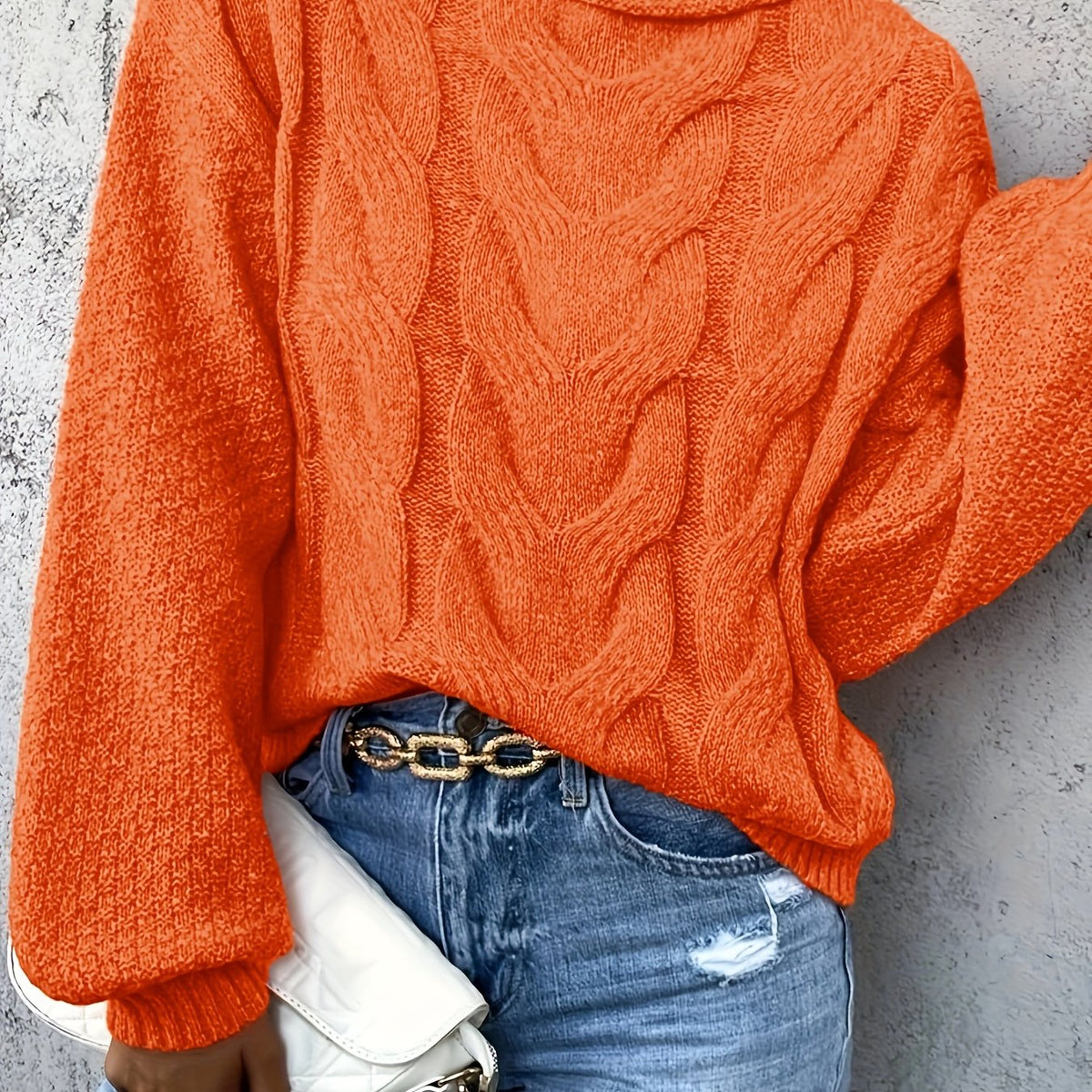  Solid Cable Lantern Sleeve Round Neck Sweater