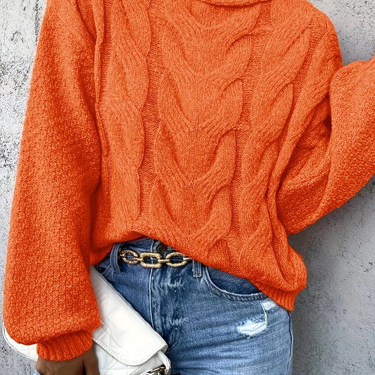  Solid Cable Lantern Sleeve Round Neck Sweater