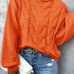  Solid Cable Lantern Sleeve Round Neck Sweater