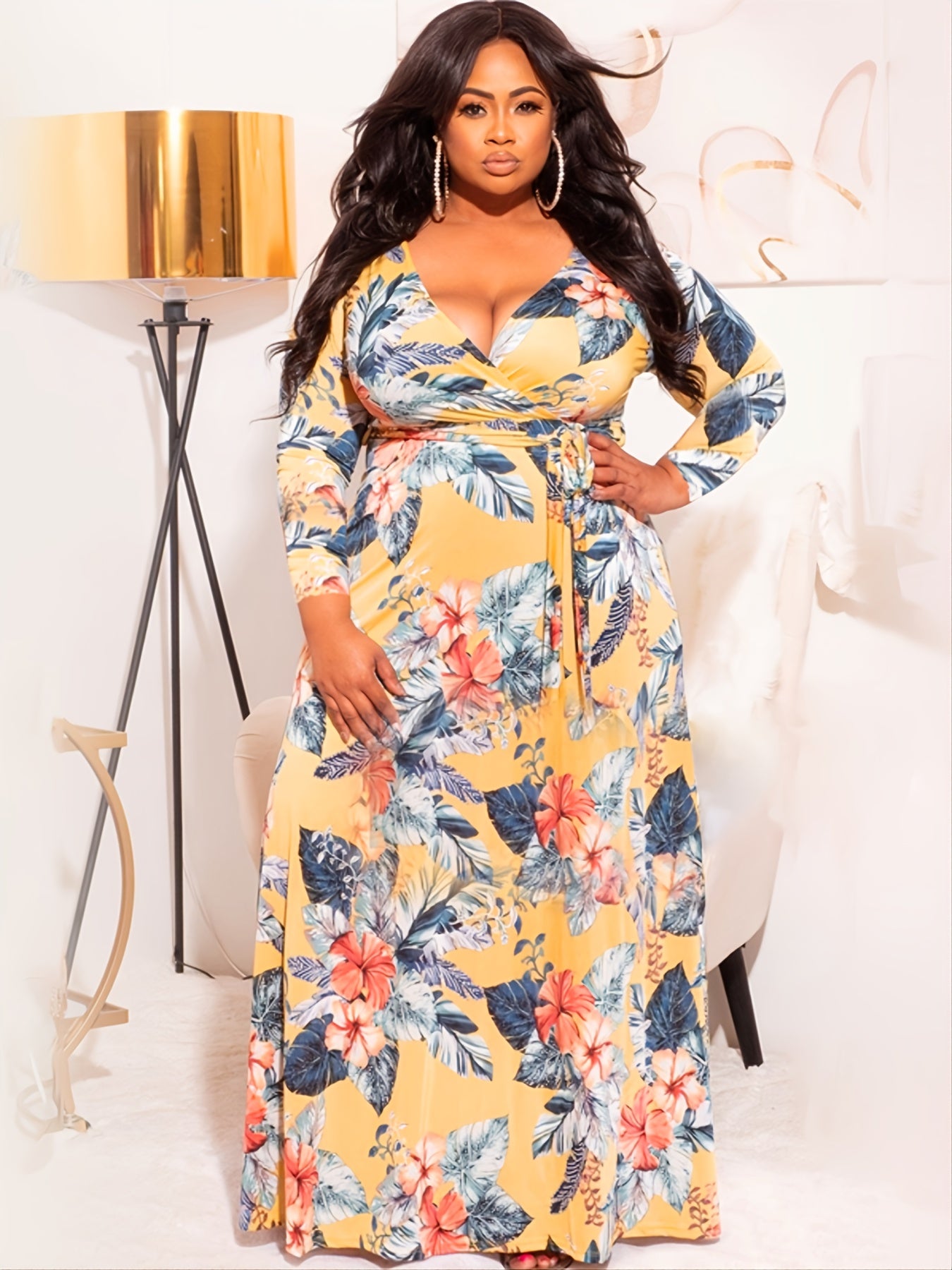  All Over Print V Neck Belted Wrap Maxi Dress Women's Plus
