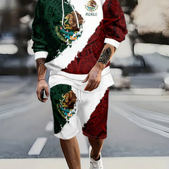 Mexico Rooster Print Men's Casual Hoodie & Shorts Set