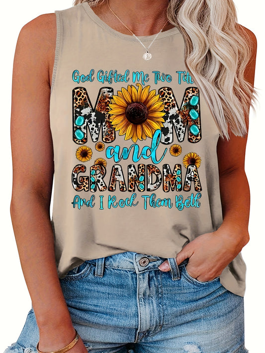 Women's Plus Leopard Slogan & Sunflower Print Tank Top