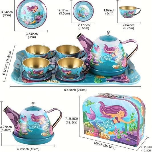 15pcs Mermaid Tea Party Set for Little Girls Pretend Tin Teapot Set