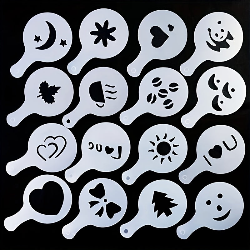 16pcs Cappuccino Shape Coffee Stencils Mesh Shaker Sugar Shaker With Lid