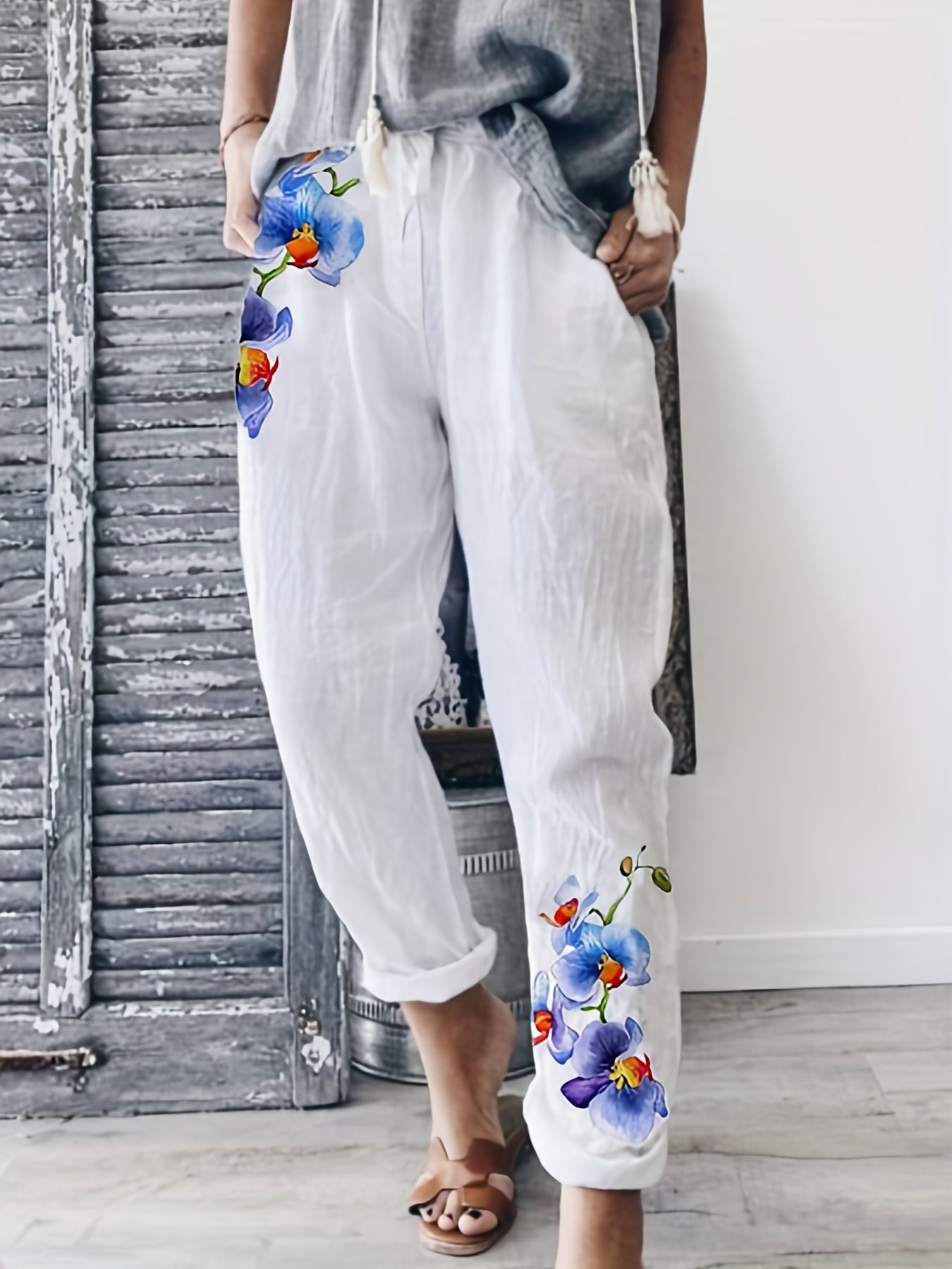  Floral Print Elastic Trousers Pockets